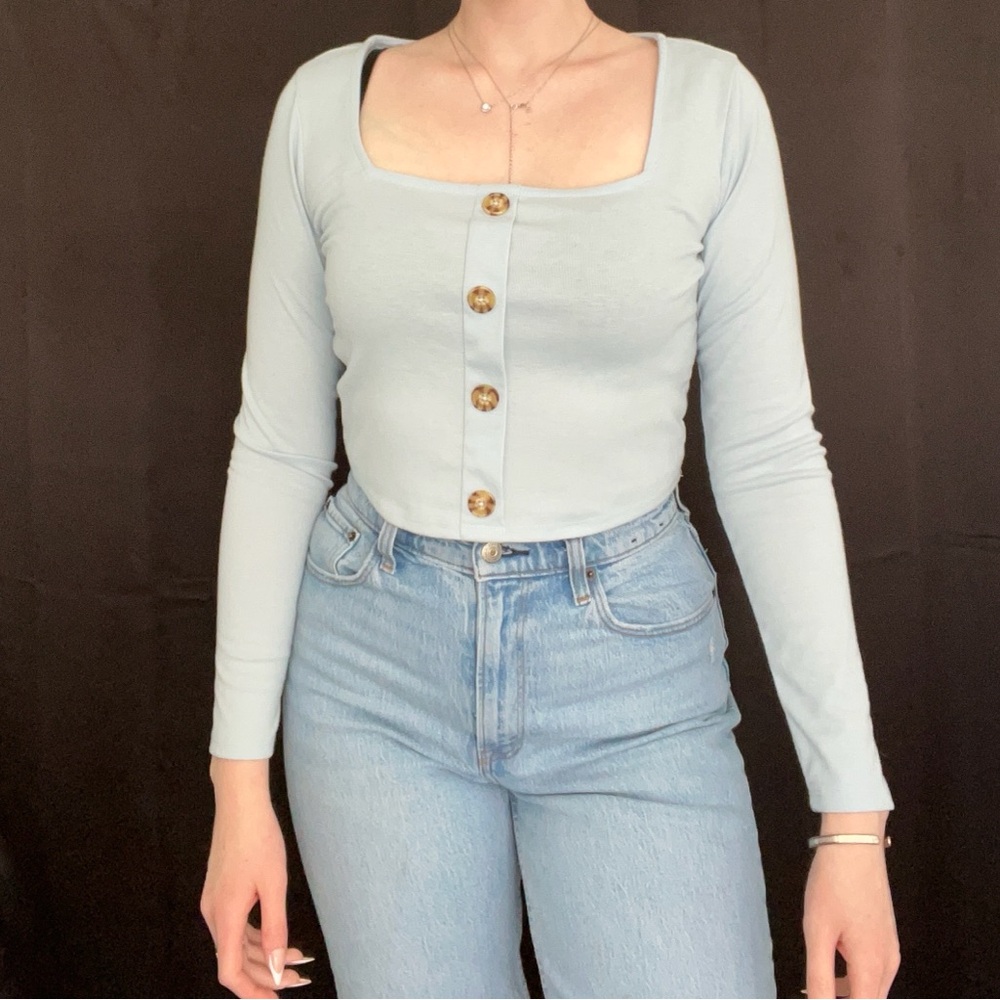 Light Blue Long Sleeve Button-Up Top